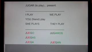 JUGAR (to Play) present forms:  juego, juegas, juega, jugamos, juegan...