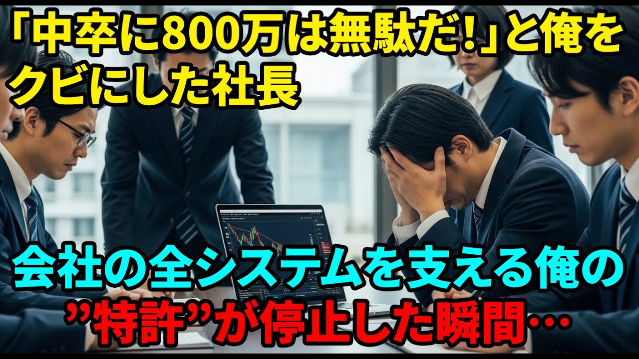 【スカッと】二代目社長「中卒に年収800万？無駄だ、クビ！」と俺を解雇。俺が「了解です」と、会社の利益の根幹である俺の特許使用を停止し退職→会社は一瞬で経営危機に…【感動する話】