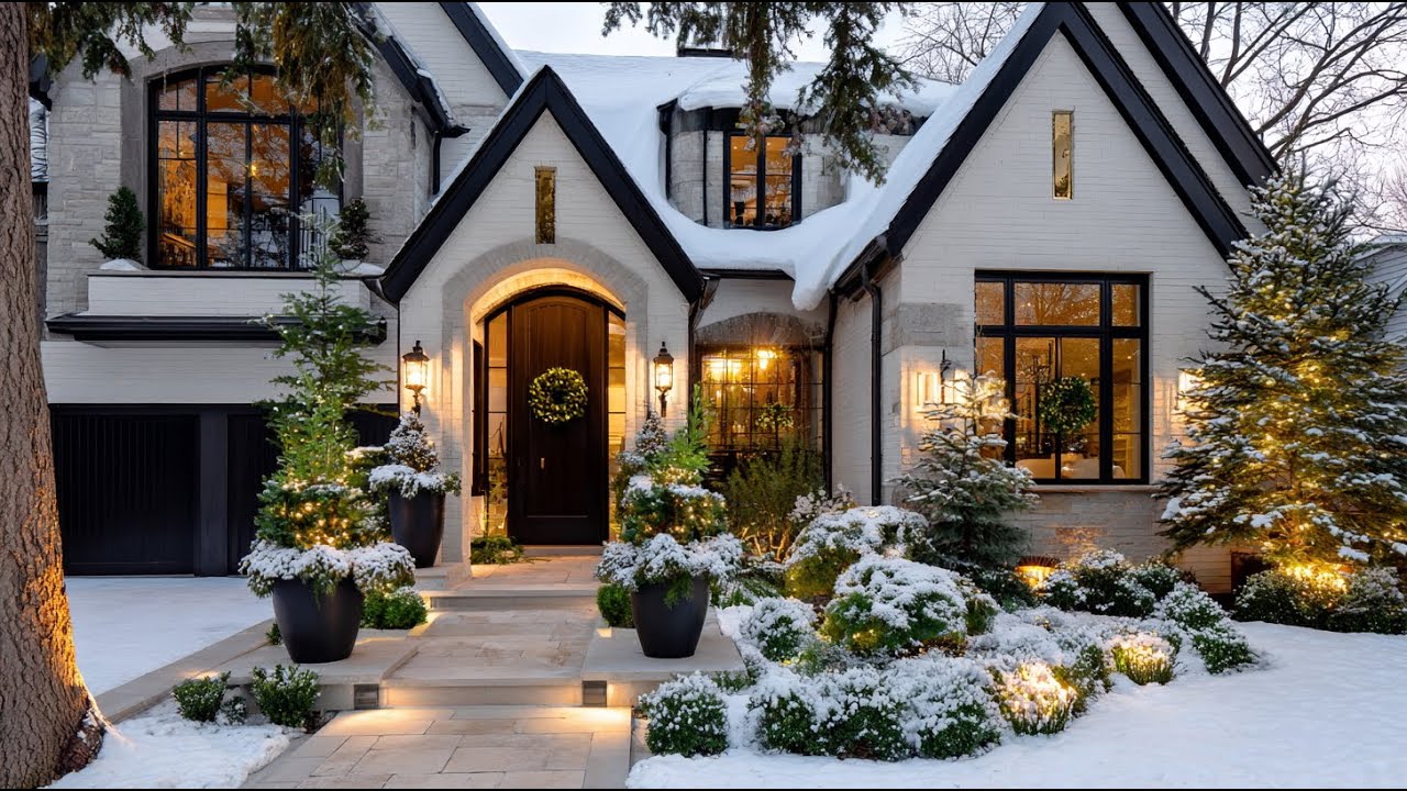 Modern Winter Home with Elegant Gold Details, Frosted Greens, and Inviting Holiday Charm