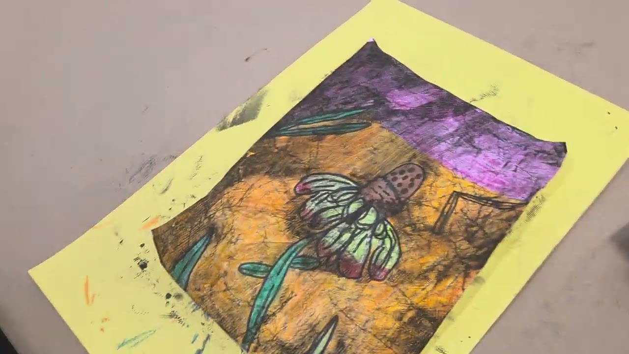 Whittier 1st Grade Montana Cone Flower Japanese Inspired Woodprint using Wax-Resist Technique 