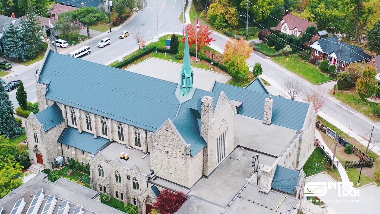Deep Charcoal Interlock Metal Slate Roofing System — Islington United Church / Toronto, ON, Canada