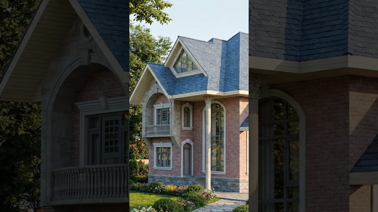 Before and after rendering, 3D house model.