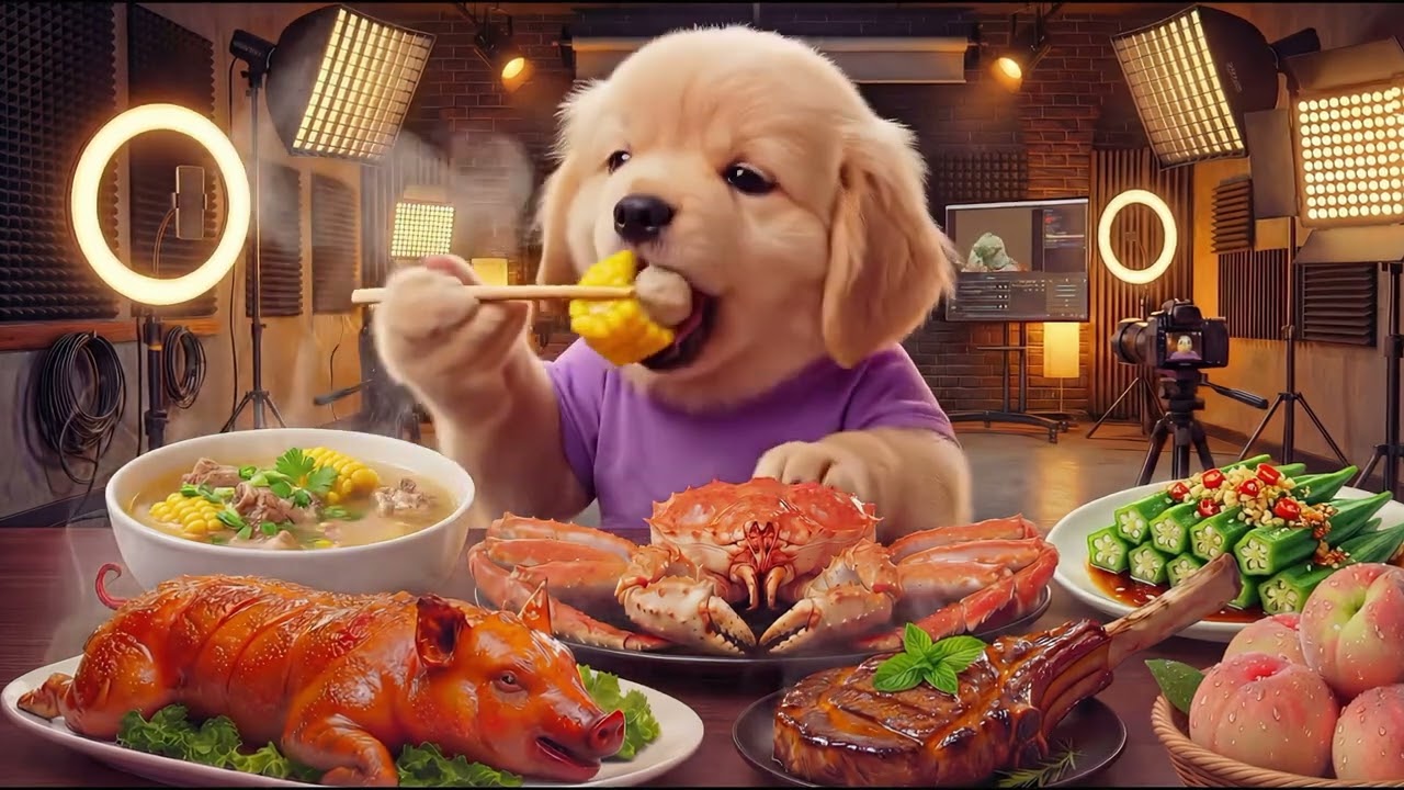 ASMR Dog Eating Roast Pig & Spicy Crab! 🦀🍖 (So Crunchy!)