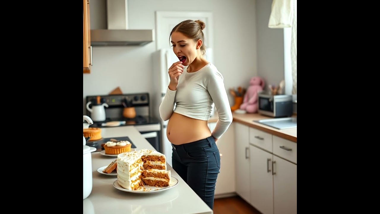 Eating too much of her cake. Shes stuffed and her belly suddenly swells up quite big.