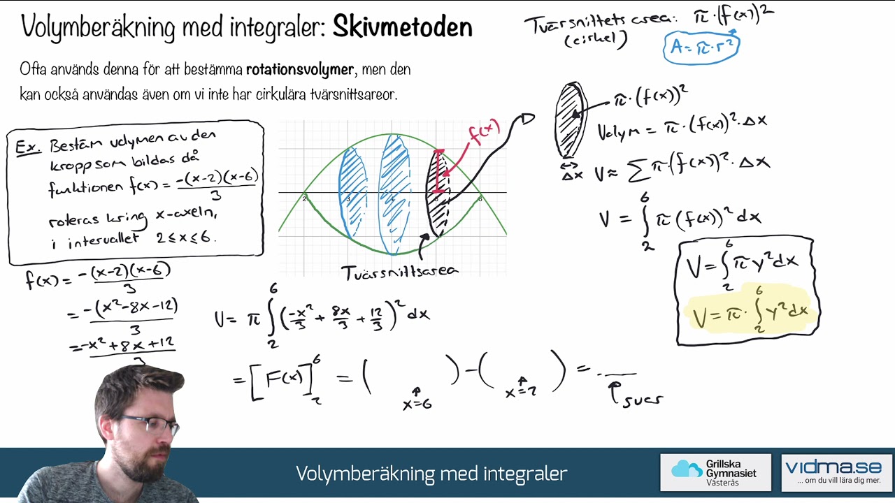 Matematik 4 och 5. Volymberäkning med skivmetoden: Rotationsvolym. (Exempel 1 blev väl krånglig).