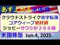 米国株の株式投資情報。クラウドストライクが赤字転落。コアウィーブが絶好調。ジョビーが２００機販売へ～あす上がる株米国版。Jun.4, 2025。最新のアメリカ株価と株式投資。高配当株やデイトレ情報も
