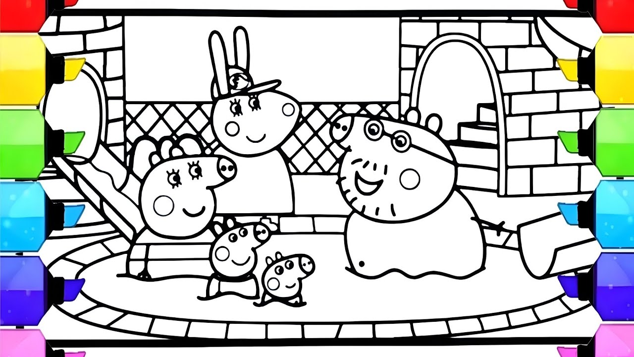 Peppa Pig and her family are in the swimming pool drawing easy, Peppa Pig Drawing,Peppa Pig Coloring