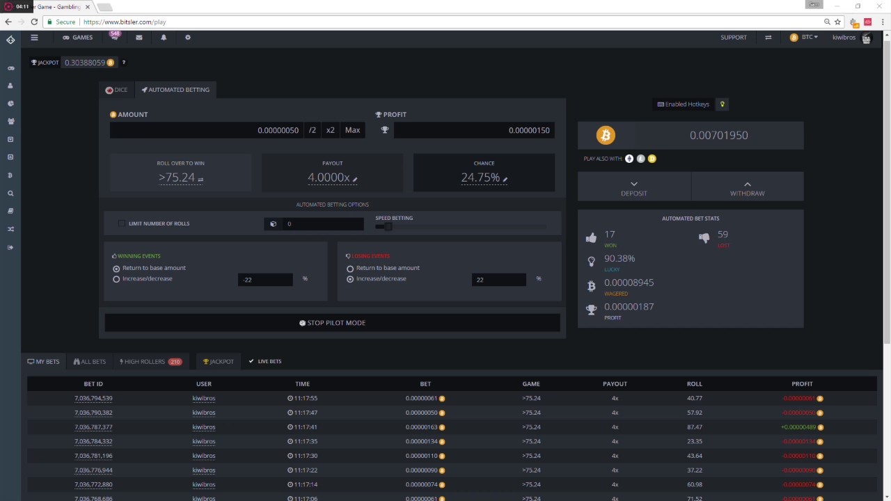 BBC Bitsler bust club 0.007 to 0.00000395 btc