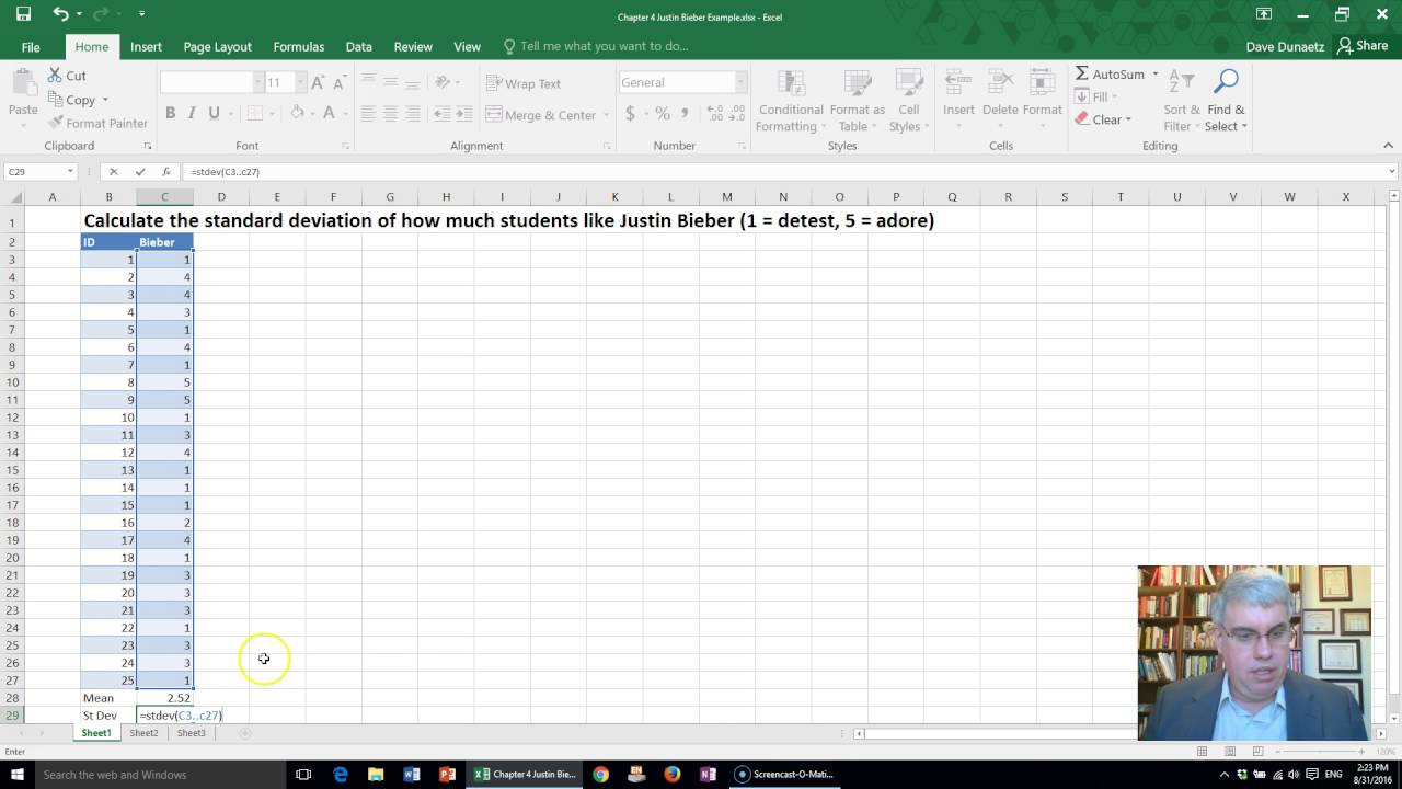 How To Calculate Standard Deviations On Excel 2016 For Windows Youtube