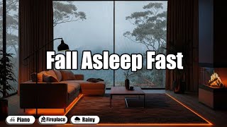 Calming Heavy Rain Ambience with Piano Music and Fireplace Sounds for Sleeping Fast
