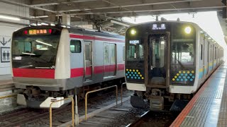 房総E131系0番台R07編成が回送列車として蘇我駅5番線を警笛を鳴らして！発車！