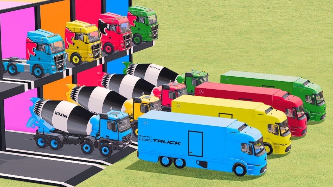 Trucks with Colors - USA URBAN E TRUCKS and MIXER TRUCKS with MERCEDES Flatbed Trailer TRUCKS - FS22