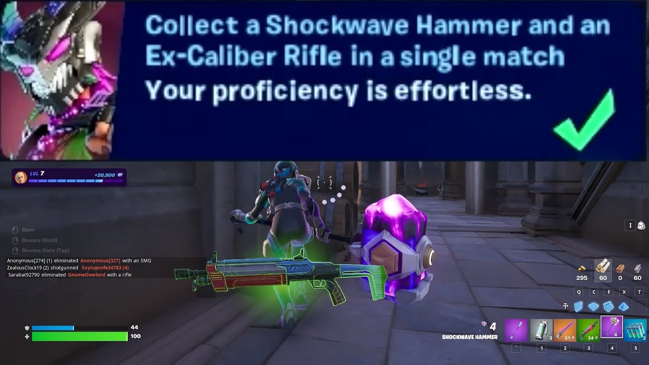 Collect a Shockwave Hammer andan Ex-Caliber in a single match Fortnite