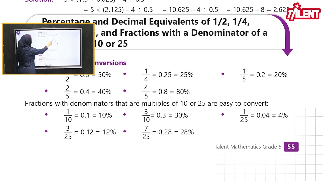 Talent Mathematics 5|Unit 5|Lec 3|Equivalences between Simple Fractions, Decimals and Percentages