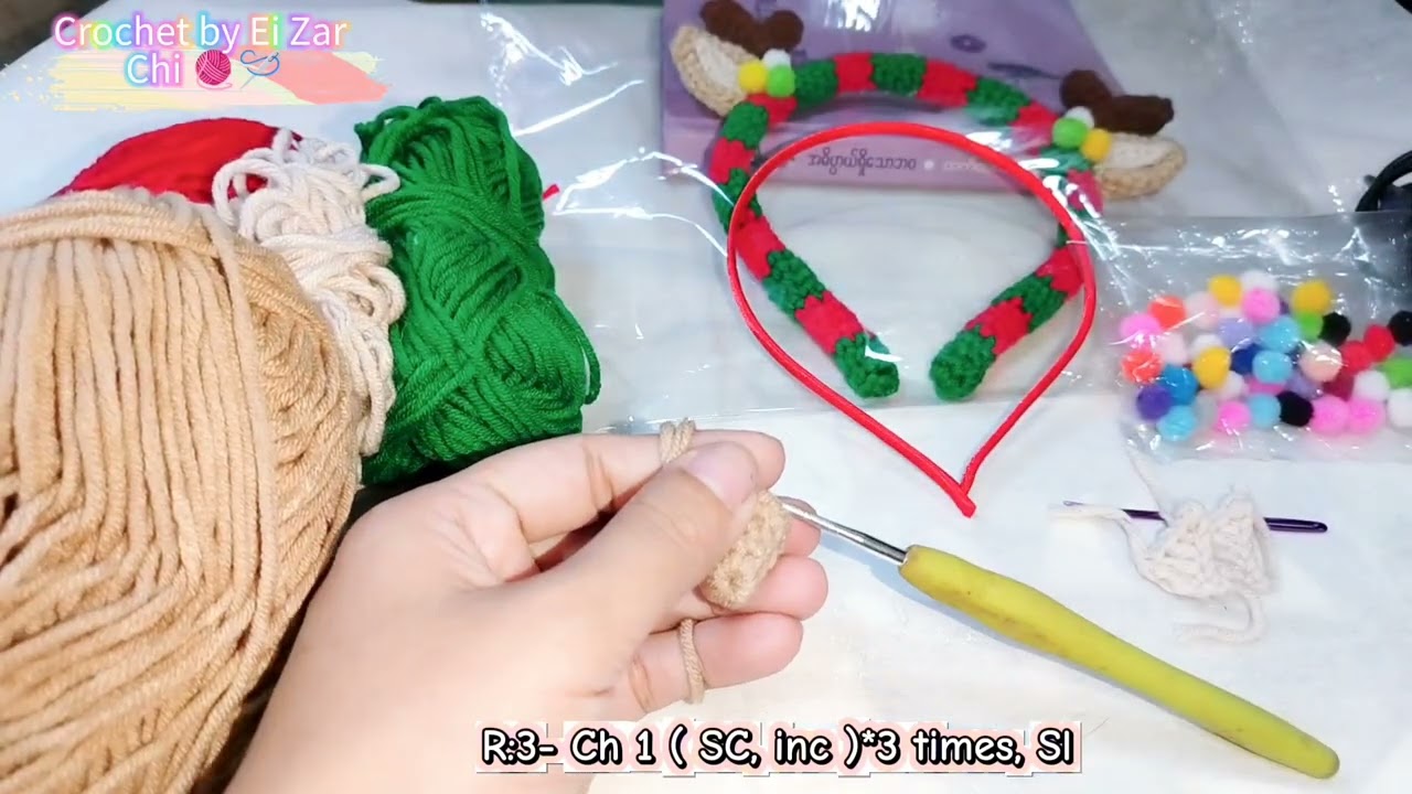 Christmas hair headband crochet tutorial ခရစ်မတ်ဘီးကုတ်ထိုးနည်းလေးပညာဒါနပါရှင့်🎄👯😘🎁