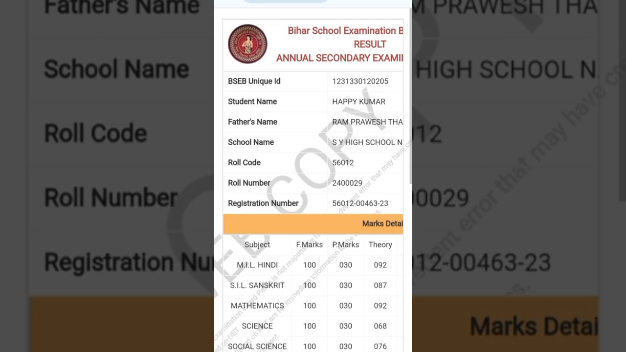 Bihar board matric result 91%