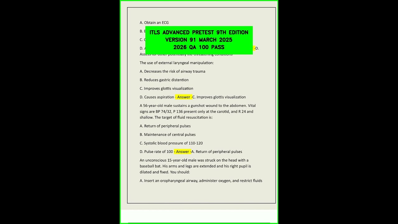 ITLS ADVANCED PRETEST 9TH EDITION  VERSION 91 MARCH 2025 2026 QA 100 PASS video