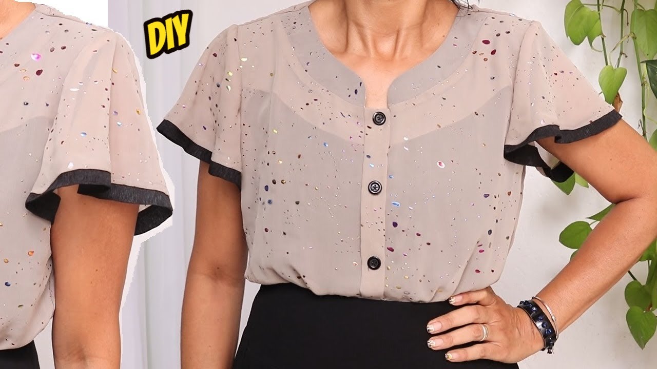 BLUSA FÁCIL DECOTE ANATÔMICO MANGA MEIO GODÊ DEBRUM BOTÕES Luciete Vasconcelos