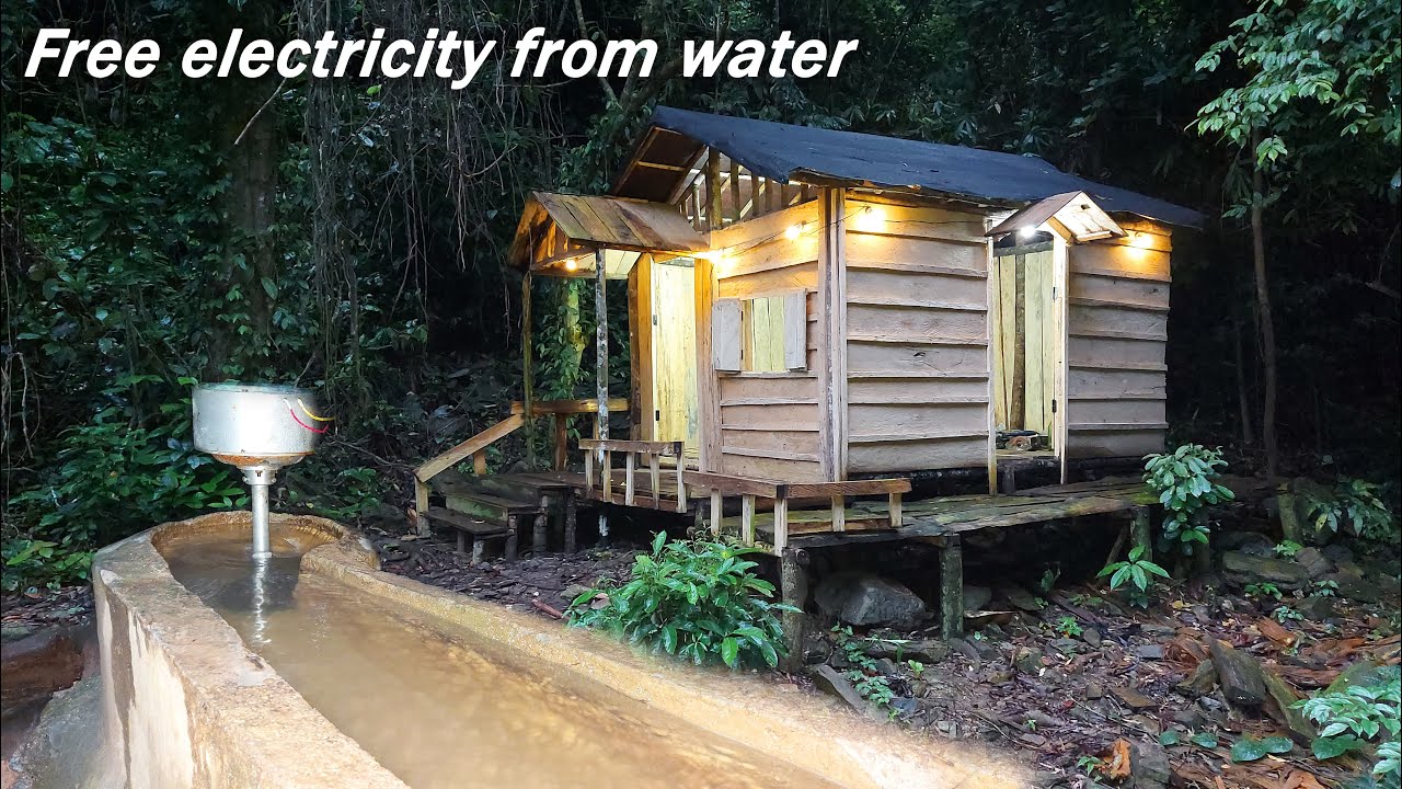 Build free hydroelectricity for wooden cabin in the forest in 5 minutes | Living off grid in forest
