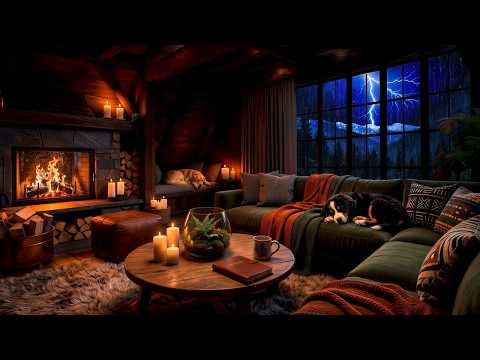 10 HOURS Heavy Rain & Fireplace | Cozy Living Room with Sleeping Dogs & Stormy Mountain View ⛈️🔥🐶