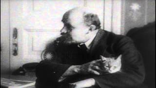 Bolshevik Leader Vladimir Lenin Sitting At His Desk With His Cat In His Lap, Afte...hd Stock Footage