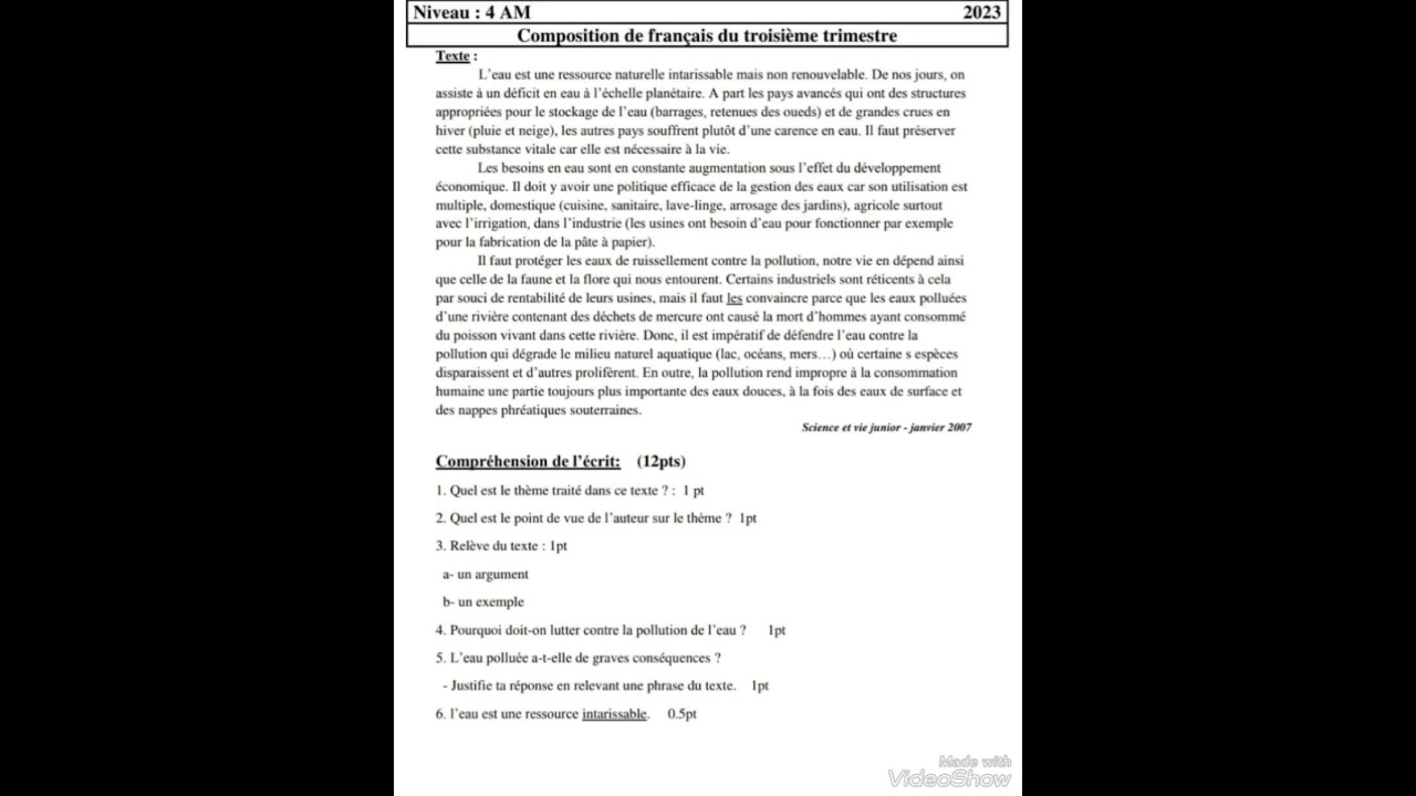 4èmeAM:Etude de texte:(l'eau)+corrigé