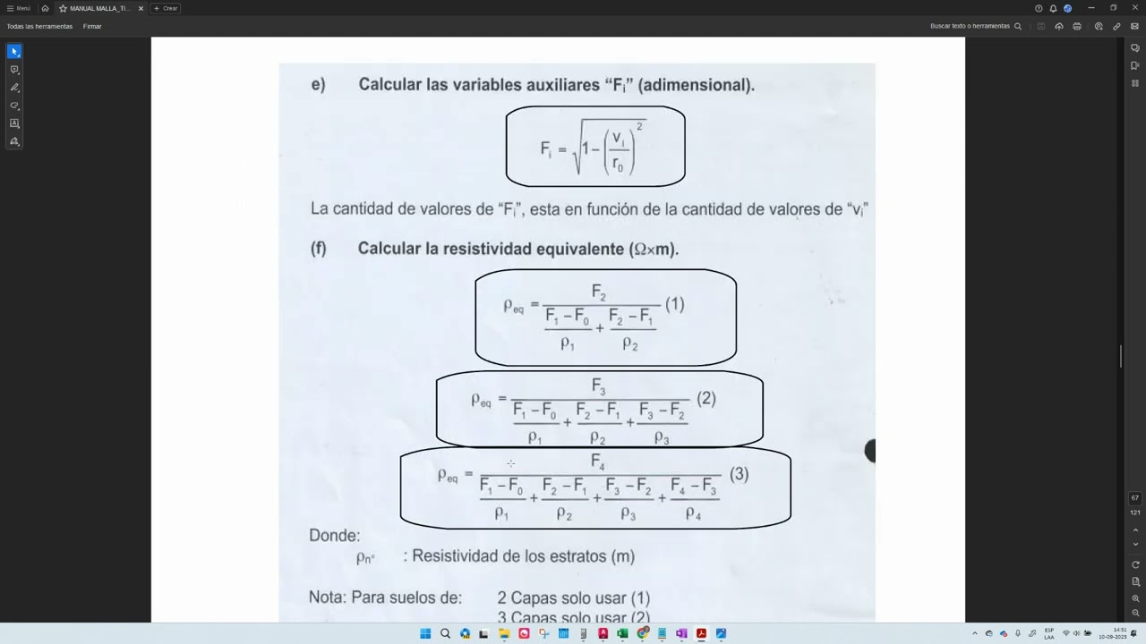 Carga de datos en la planilla de cálculo de Rho equivalente