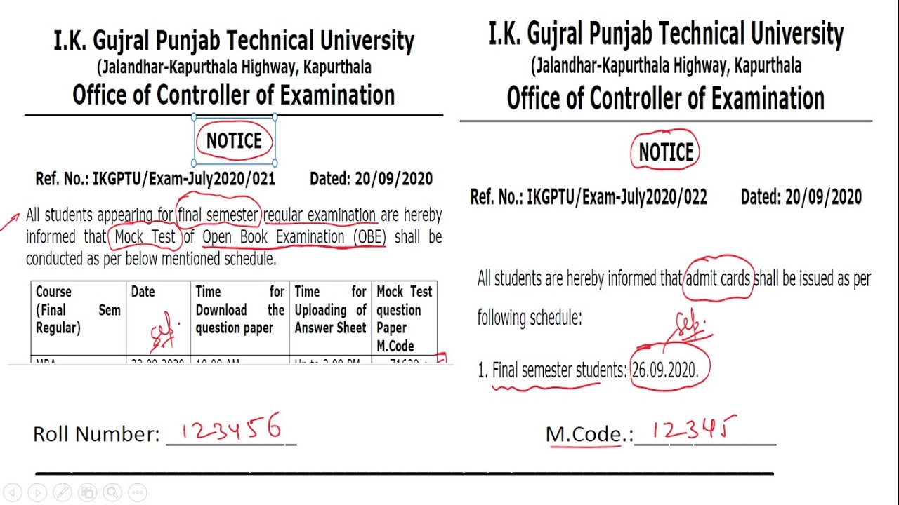 VERY URGENT NOTICE FOR IKGPTU STUDENTS FOR OBE (MOCK TEST, ANSWER SHEET AND ADMIT CARD)