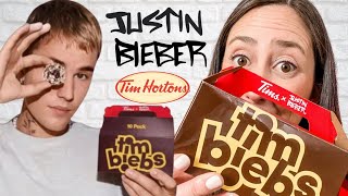 Trying the NEW Justin Bieber Tim Hortons Tim Biebs doughnuts