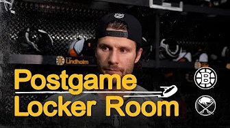 Jordan Harris, Pavel Zacha, and Jeremy Swayman speak with media after 3-1 win over Sabres
