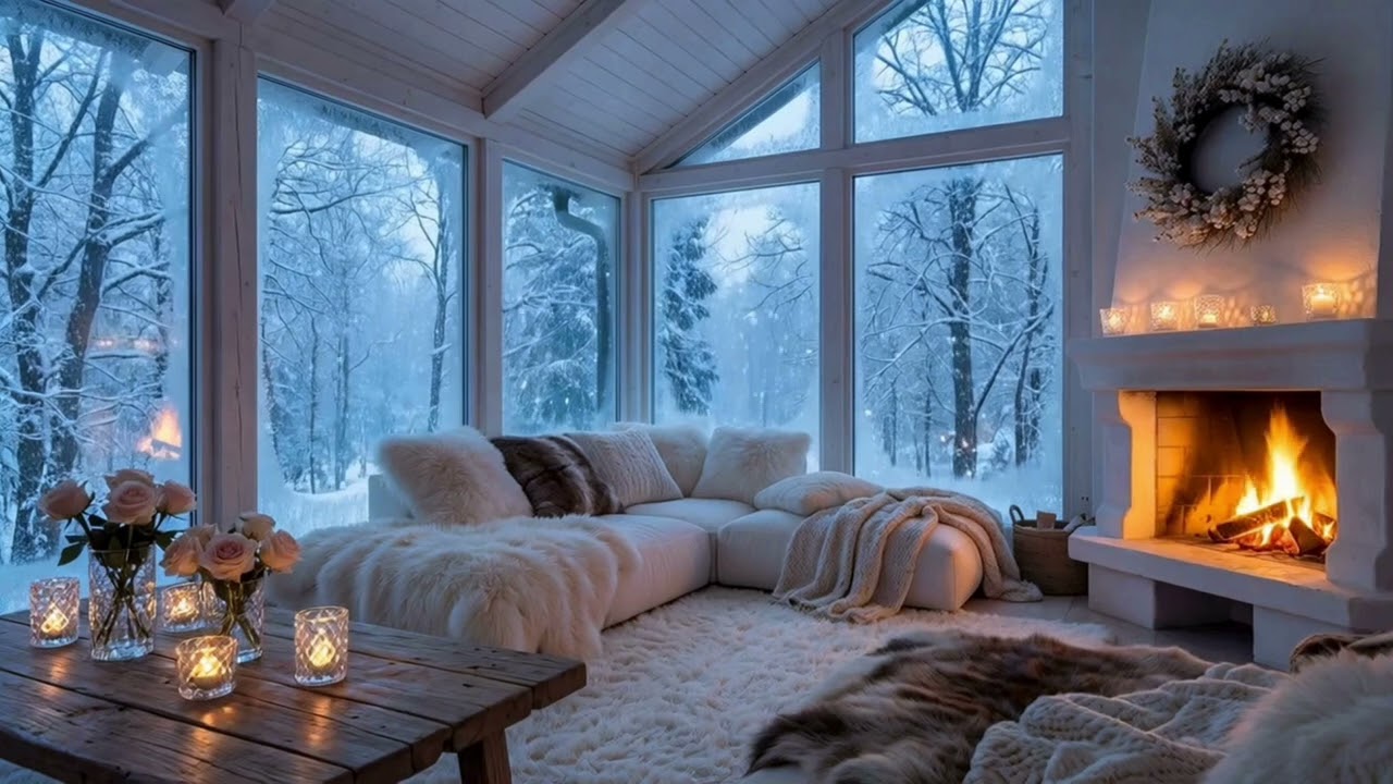 ❄️ Serene Winter Piano | Fireplace & Snowfall for 4 Hours | Relax Sleep Focus Meditation Calm
