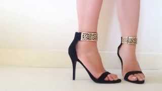 Billie x shoes Mina black suede strap heel with gold ankle cuff walk view