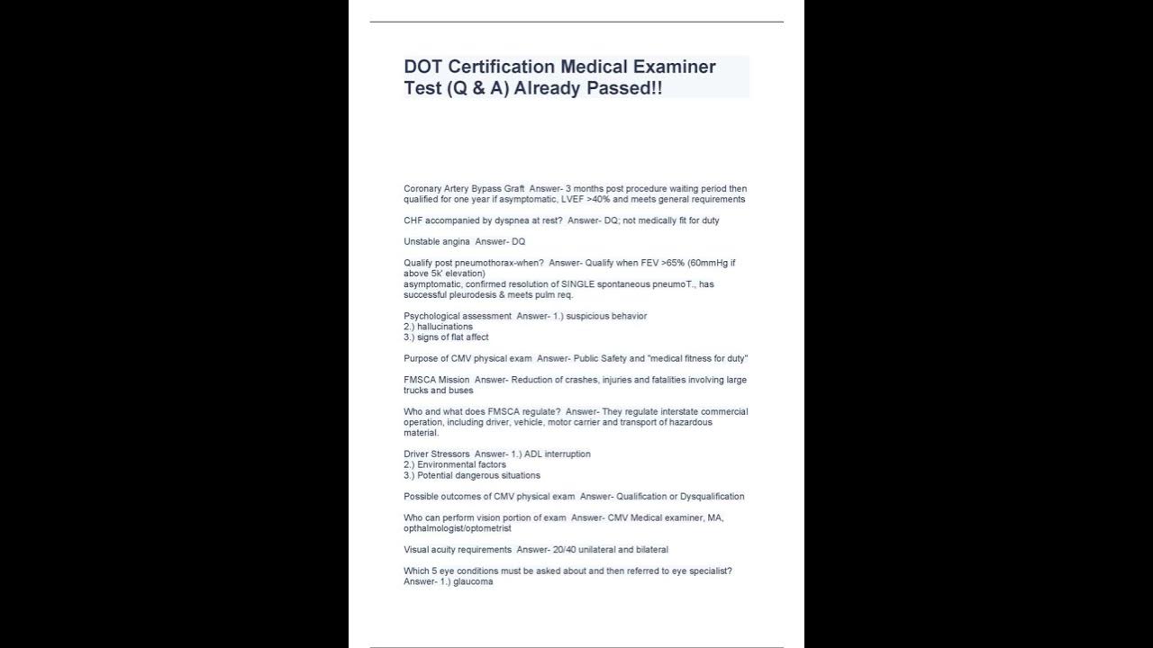 Dot certification medical examiner test q a already passed youtube