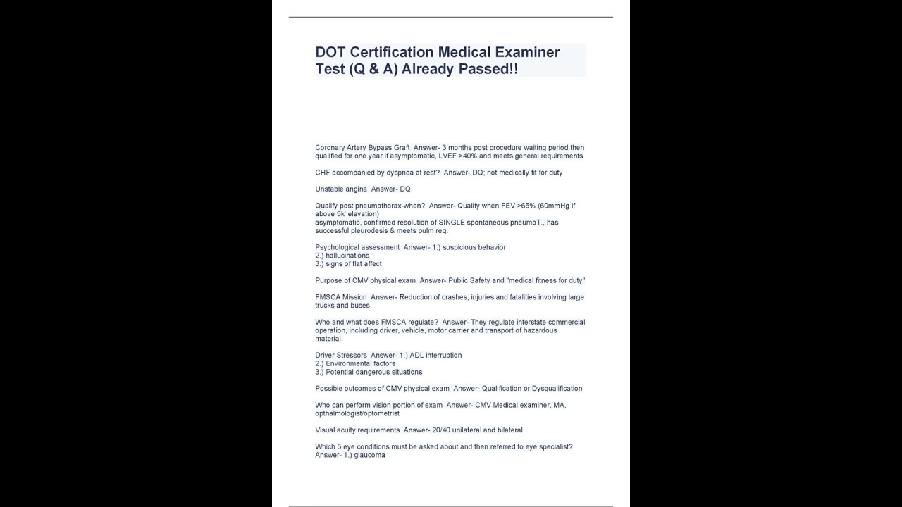 DOT Certification Medical Examiner Test Q & A Already Passed!!