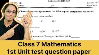 Mathematics | class 7 | 1st Unit test paper | new syllabus| Maths paper Std 7th  | 2026 - 2027 | cce