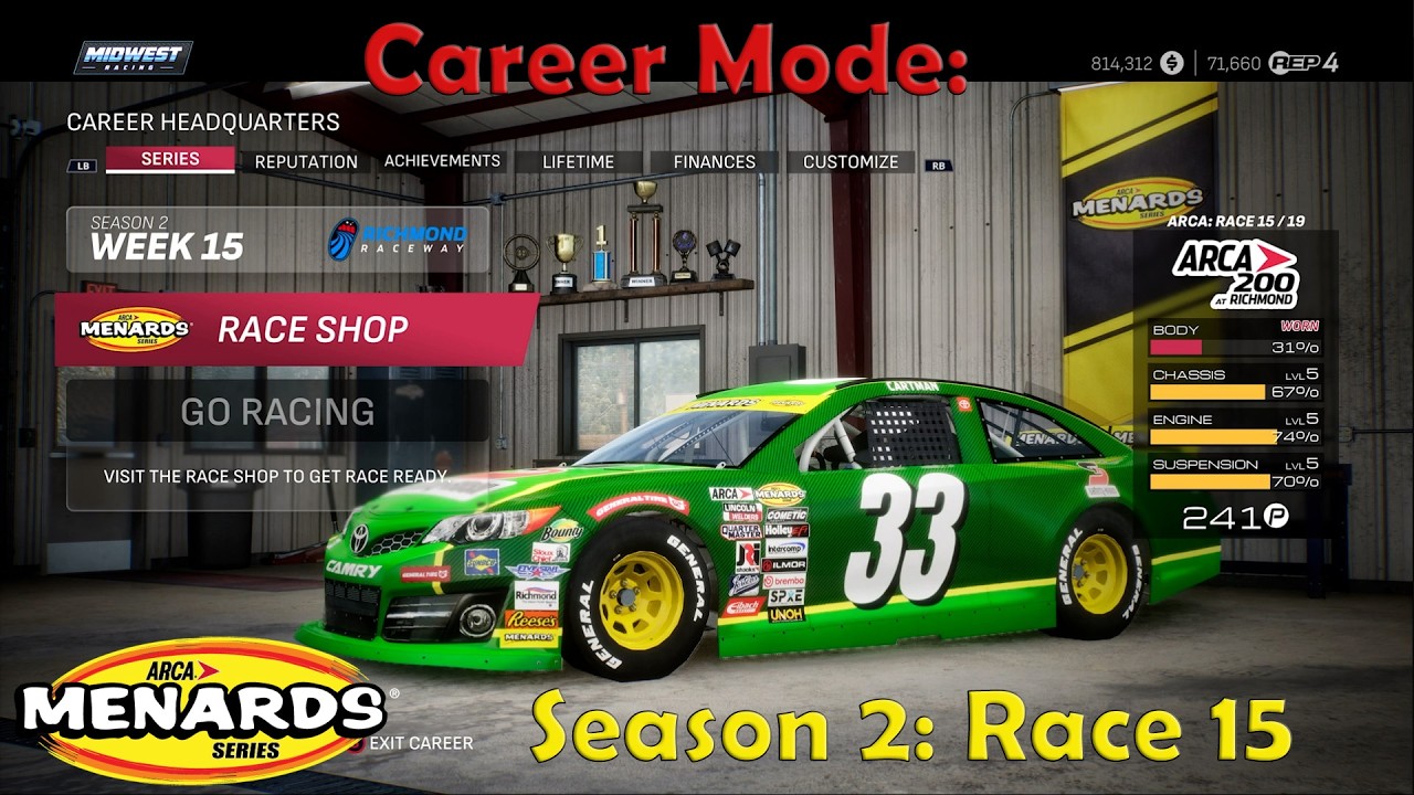Nascar 25 Career Mode - Arca Season 2 Race 15 - RICHMOND! (100% Length & 100% Difficulty)