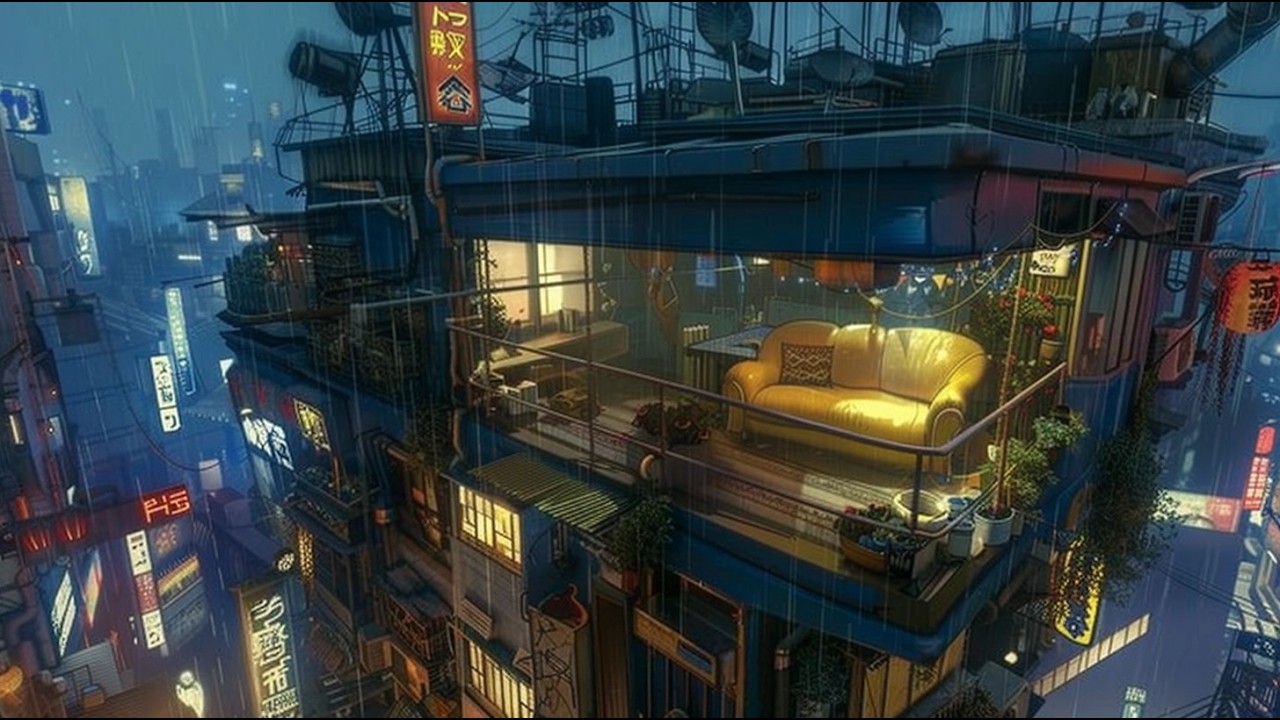 Neon Rain Lofi ☔ Cozy Cyber City Balcony for Study & Sleep