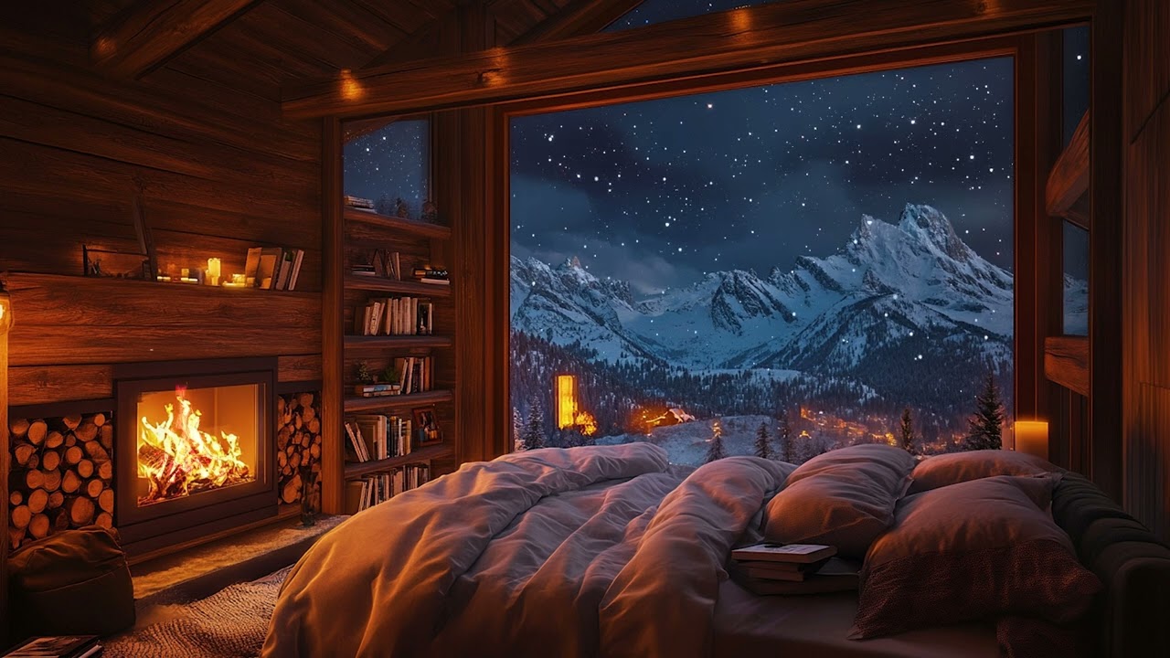 Snowy Night Cabin Jazz  Relax by the Fireplace with Soft Jazz & Starry Mountain Views