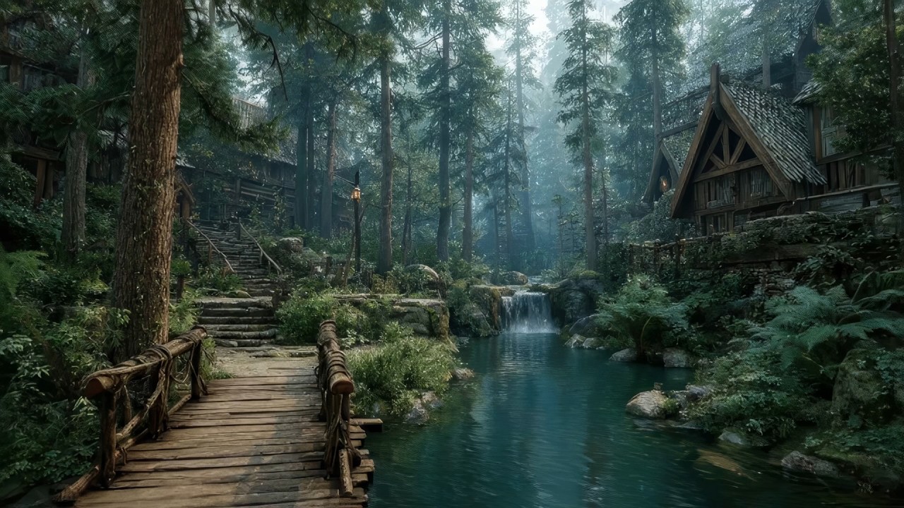 Deep Relaxing Celtic Music | Mystical Pine Forest Village and Flowing Stream