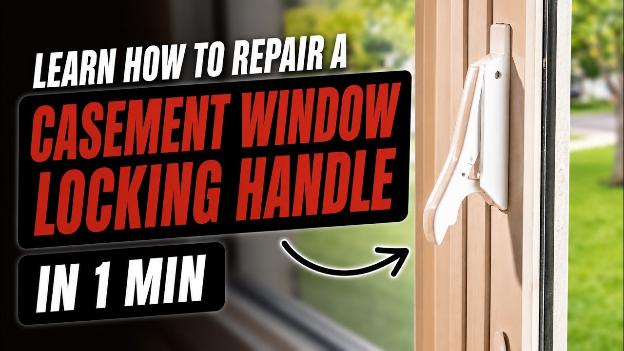 White multi-point casement window locking handle on the jamb — one-minute repair video thumbnail