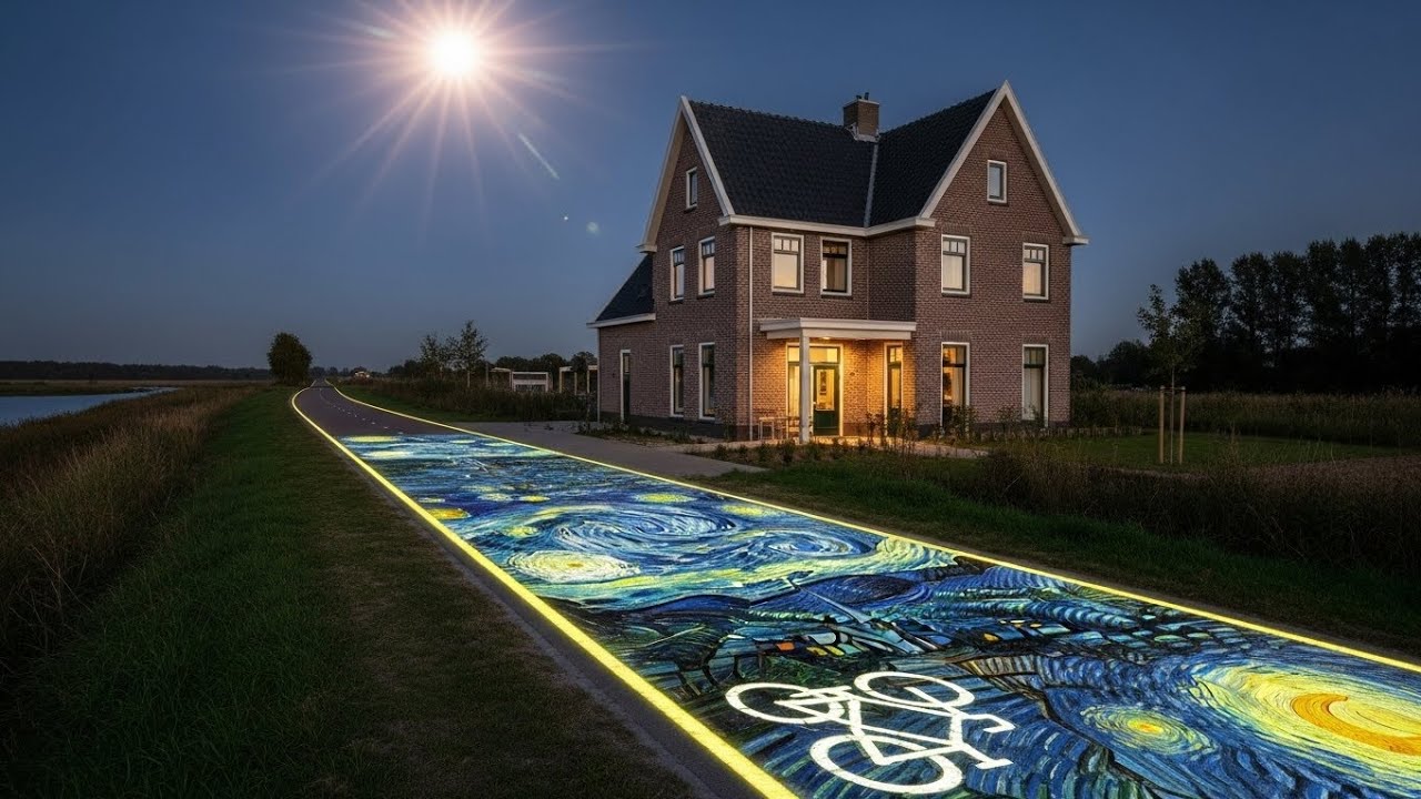 В Нидерландах построили светящуюся в темноте велодорожку, вдохновленную картиной Ван Гога «Звездн...