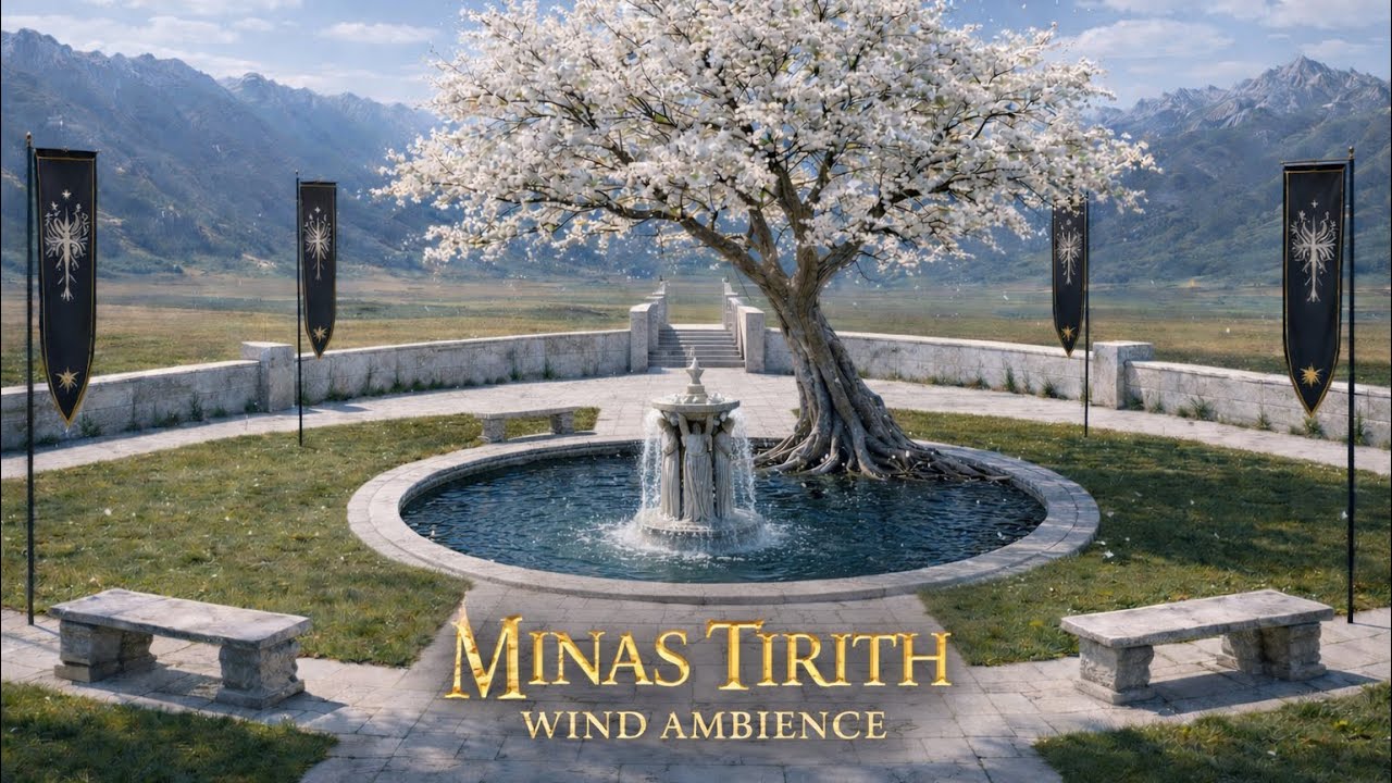 Minas Tirith Courtyard | White Tree, Fountain & Gentle Wind Ambience (3 Hours)