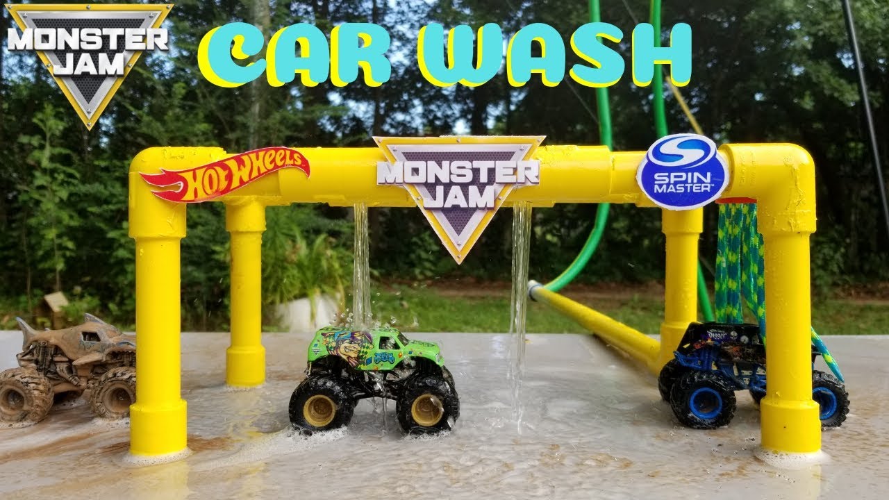 Monster Jam Monster Trucks in the Mud Car Wash Video for Children