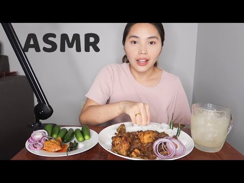 ASMR Eating Chicken Curry & Rice | baby cucumber, lime pickle, green chillies & raw onion | Tibetan