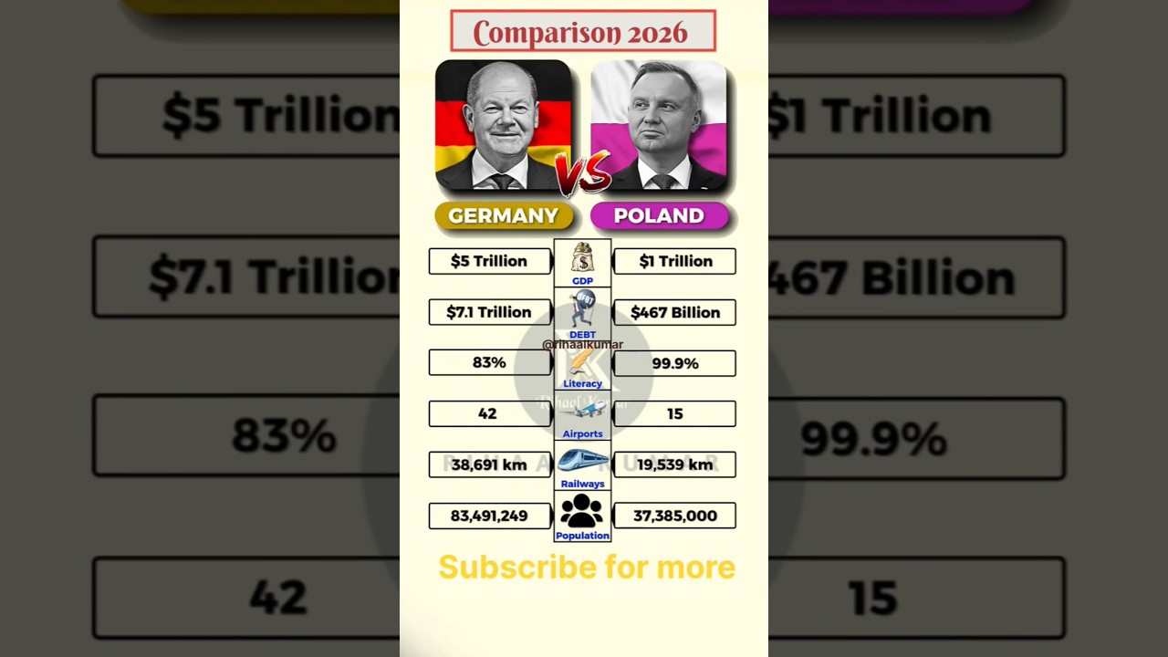 Germany 🇩🇪 vs Poland 🇵🇱 | GDP, Debt, Population, Literacy, Airports & Railways | 2026 Comparison
