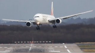 Crosswind LANDINGS during a STORM at Düsseldorf  B777, 767, 757 A330 Sturm Andrea, (watch in HD)