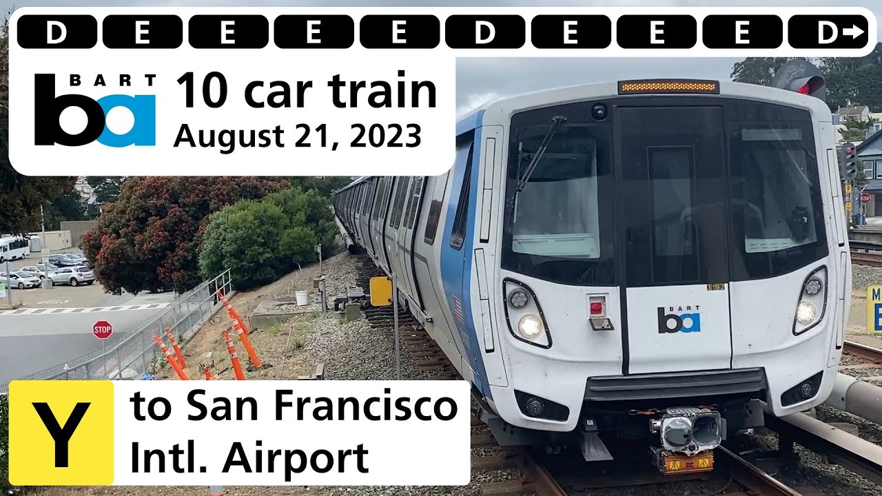 BART 10-car Yellow Line Train to SFO Airport + Train Action at Daly City
