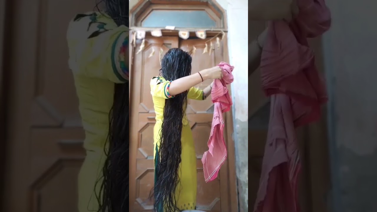 silky shiny open long wet hair tawal drying hair herself hair play