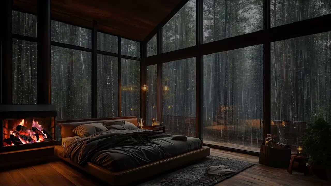 Cozy Forest Room with Rain Sounds and Burning Fire for Stress Relief and Deep Focus