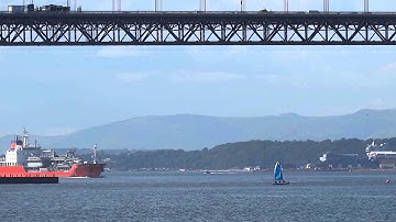 Cargo Ships Passing Under Forth Road Bridge Firth Of Forth Scotland